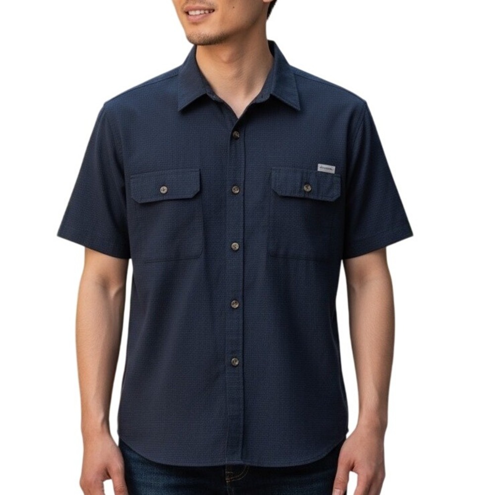 Eddie Bauer Men's Short Sleeve Button Up Shirt Blue Textured Pocket Casual